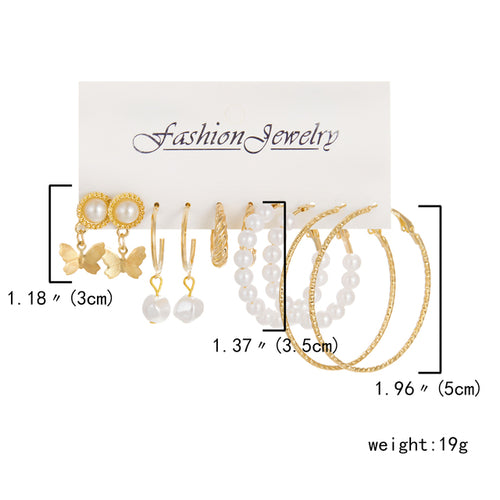 6 Pairs Heart Butterfly Drop Earrings Set Big Circle Piercings