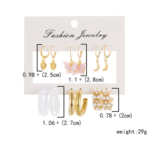 6 Pairs Heart Butterfly Drop Earrings Set Big Circle Piercings