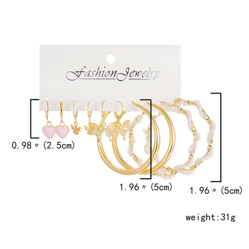 6 Pairs Heart Butterfly Drop Earrings Set Big Circle Piercings
