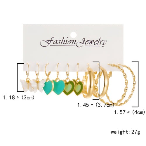 6 Pairs Heart Butterfly Drop Earrings Set Big Circle Piercings