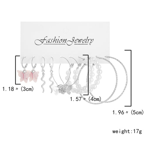 6 Pairs Heart Butterfly Drop Earrings Set Big Circle Piercings