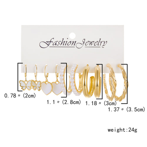 6 Pairs Heart Butterfly Drop Earrings Set Big Circle Piercings